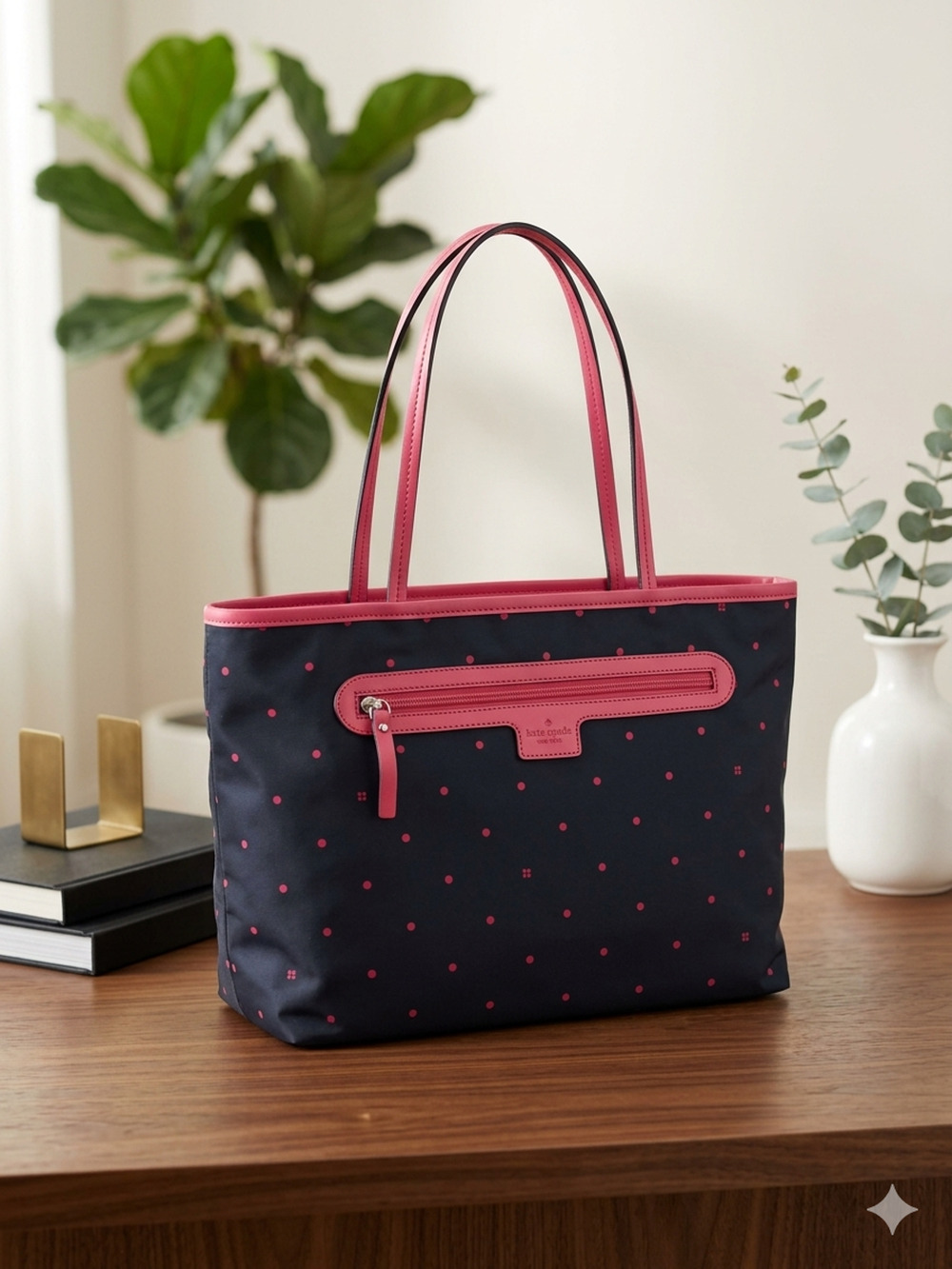 Kate Spade New York Polka Dot Nylon Tote Bag Black Pink Leather Trim Large Purse
